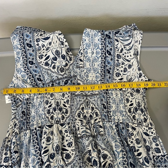 NWT Cottagecore Blue White Floral Midi Dress V Neck Cotton Boho Block Print XL - Picture 8 of 11